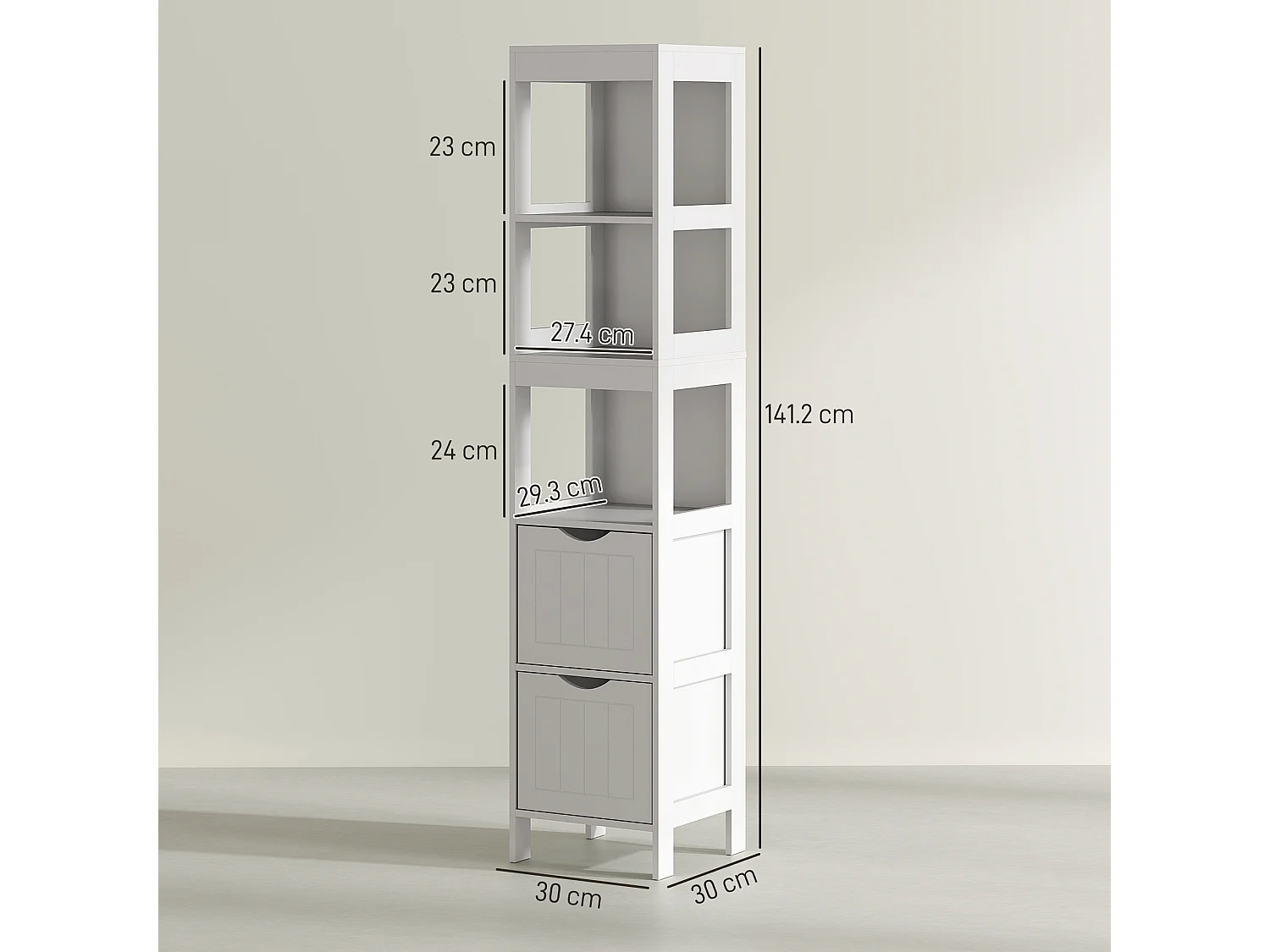 Meuble de salle de bain étroit, avec 2 tiroirs et 3 étagères ouvertes, bois, blanc (30x30x141.2 cm)