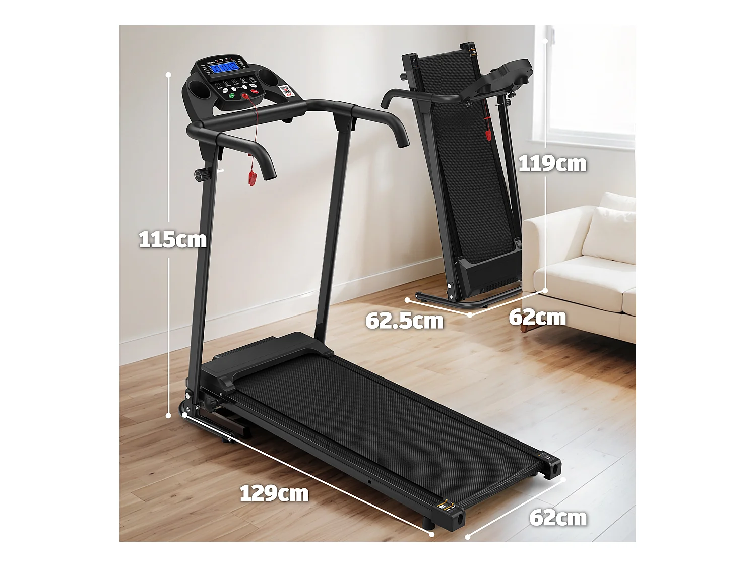 Tapis de course 2-en-1 pliable, avec 12 modes, LED et application, jusqu'à 12 km/h, 120 kg (121x63x107 cm)