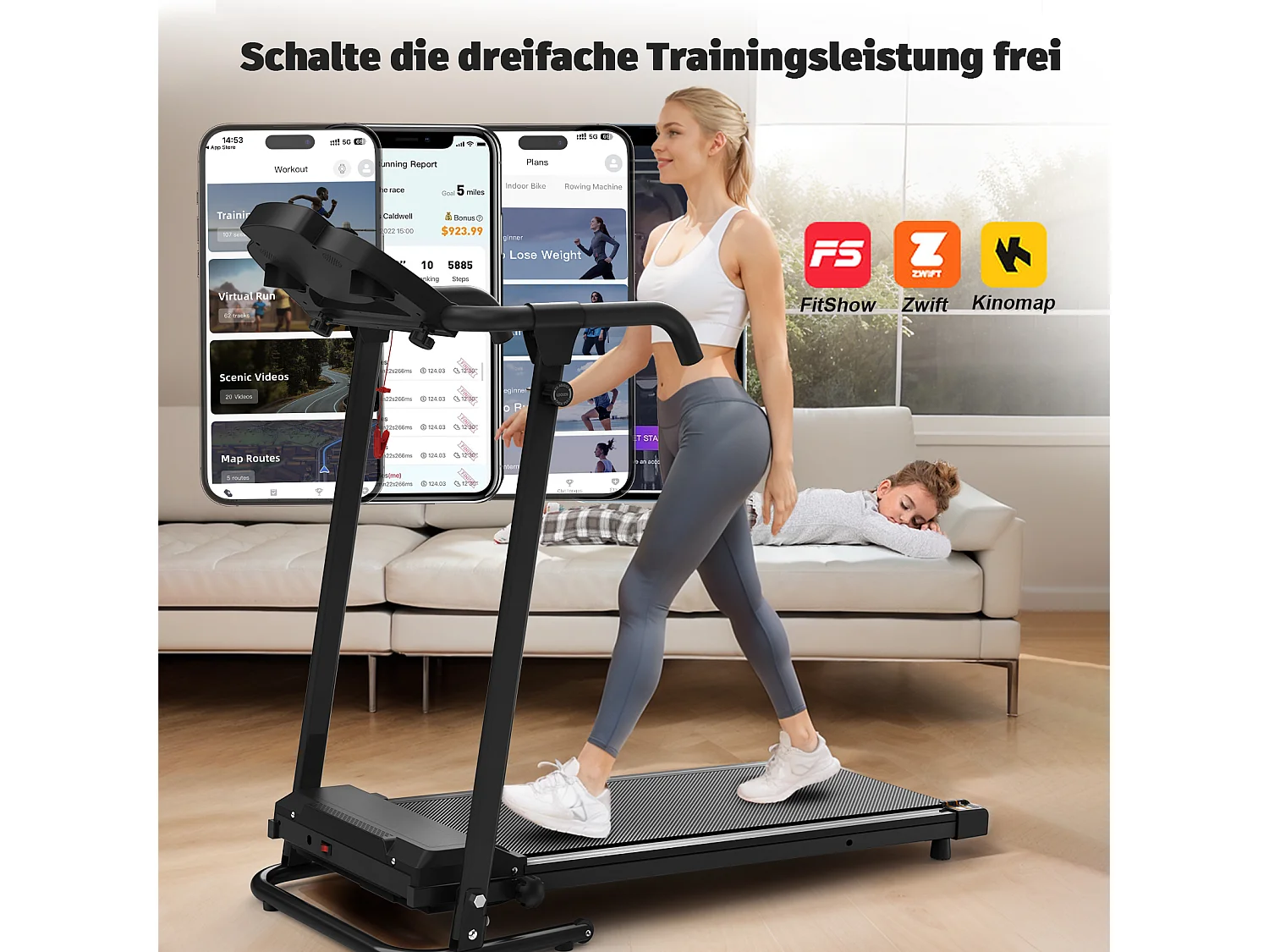 Tapis de course 2-en-1 pliable, avec 12 modes, LED et application, jusqu'à 12 km/h, 120 kg (121x63x107 cm)