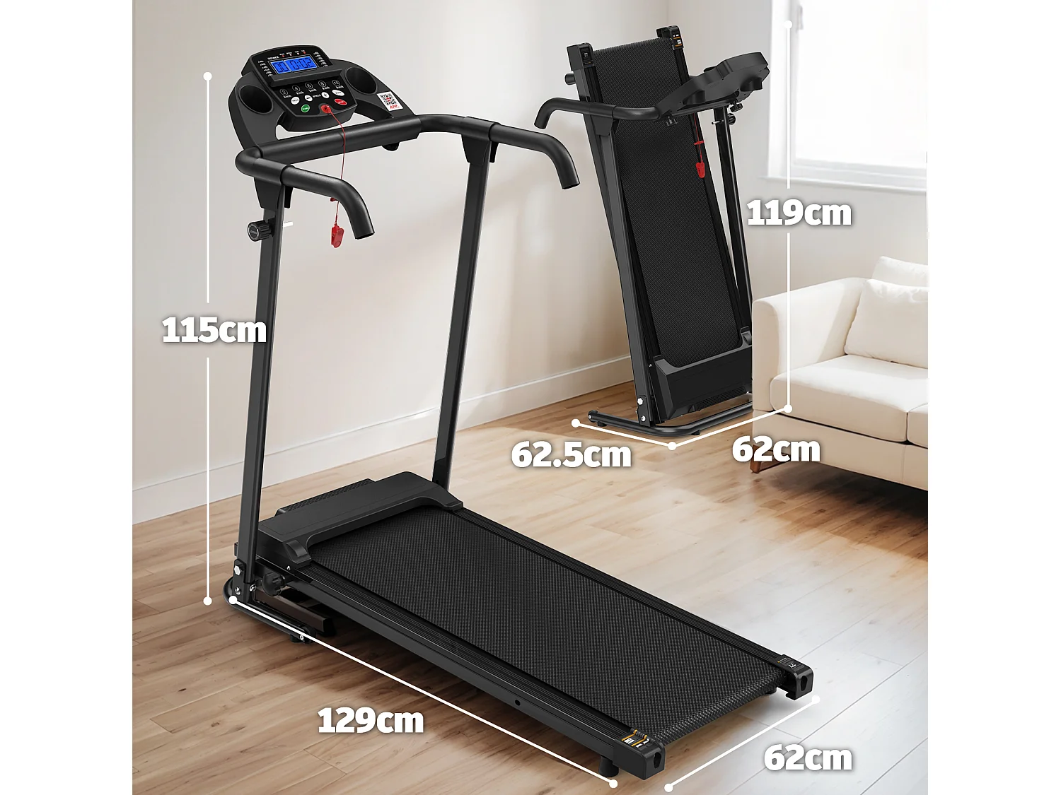 Tapis de course 2-en-1 pliable, avec 12 modes, LED et application, jusqu'à 12 km/h, 120 kg (121x63x107 cm)