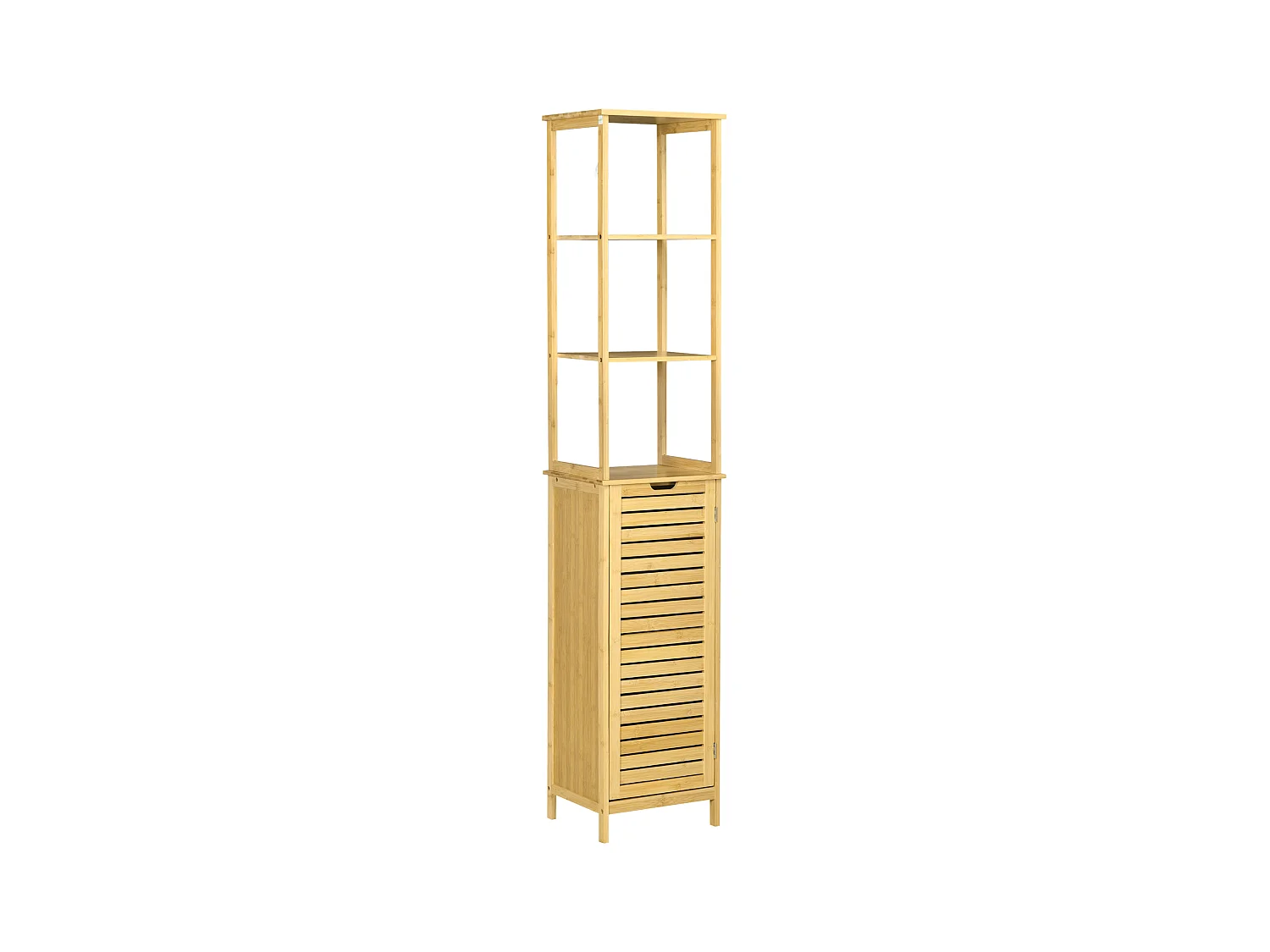 Armoire de salle de bain en bambou, 3 étagères ouvertes, 1 porte avec protection anti-basculement, naturel (34x30x173cm)