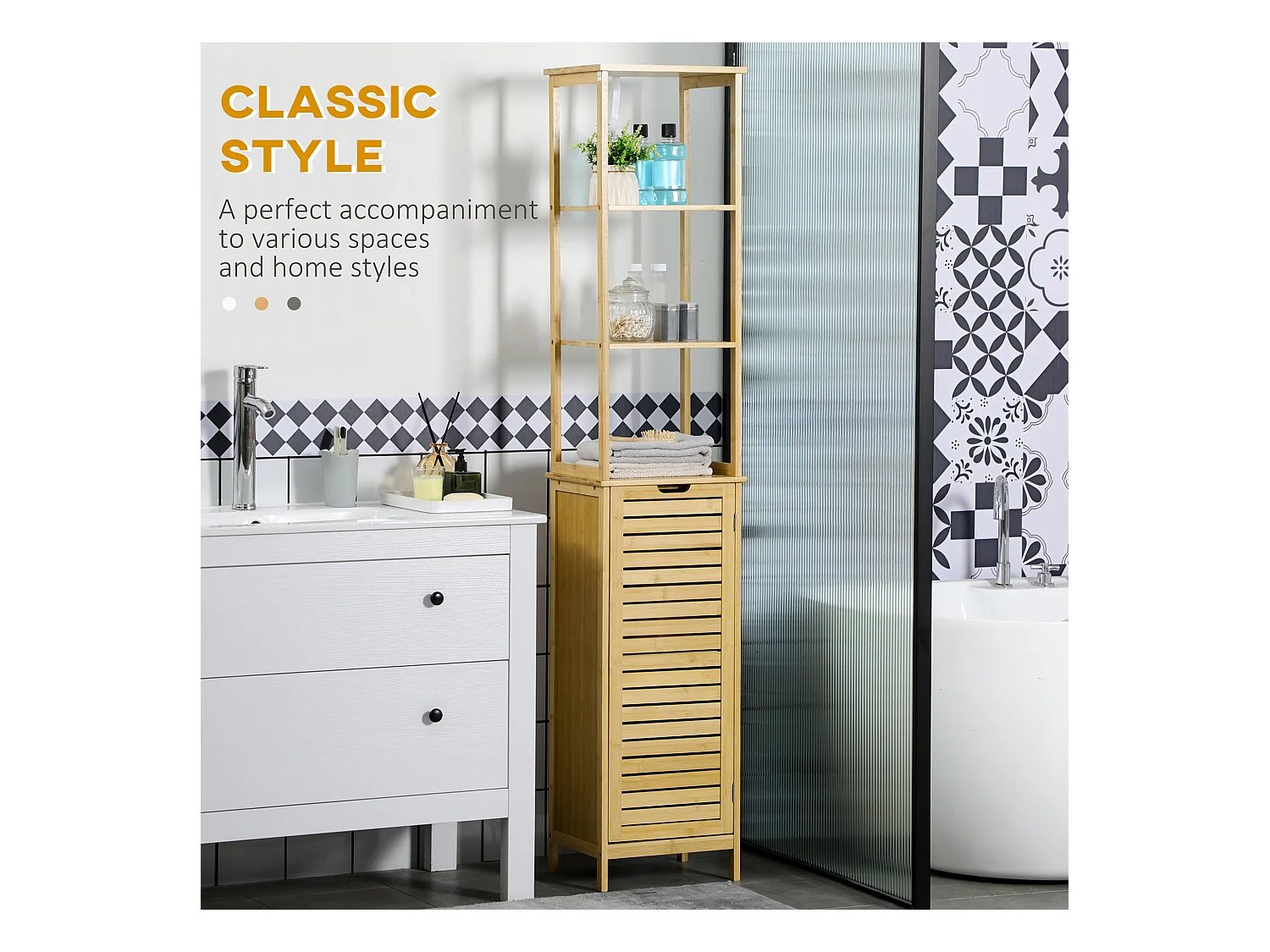 Armoire de salle de bain en bambou, 3 étagères ouvertes, 1 porte avec protection anti-basculement, naturel (34x30x173cm)