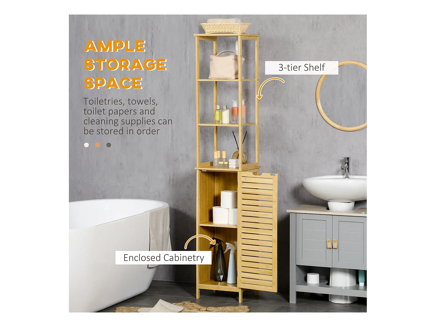 Armoire de salle de bain en bambou, 3 étagères ouvertes, 1 porte avec protection anti-basculement, naturel (34x30x173cm)