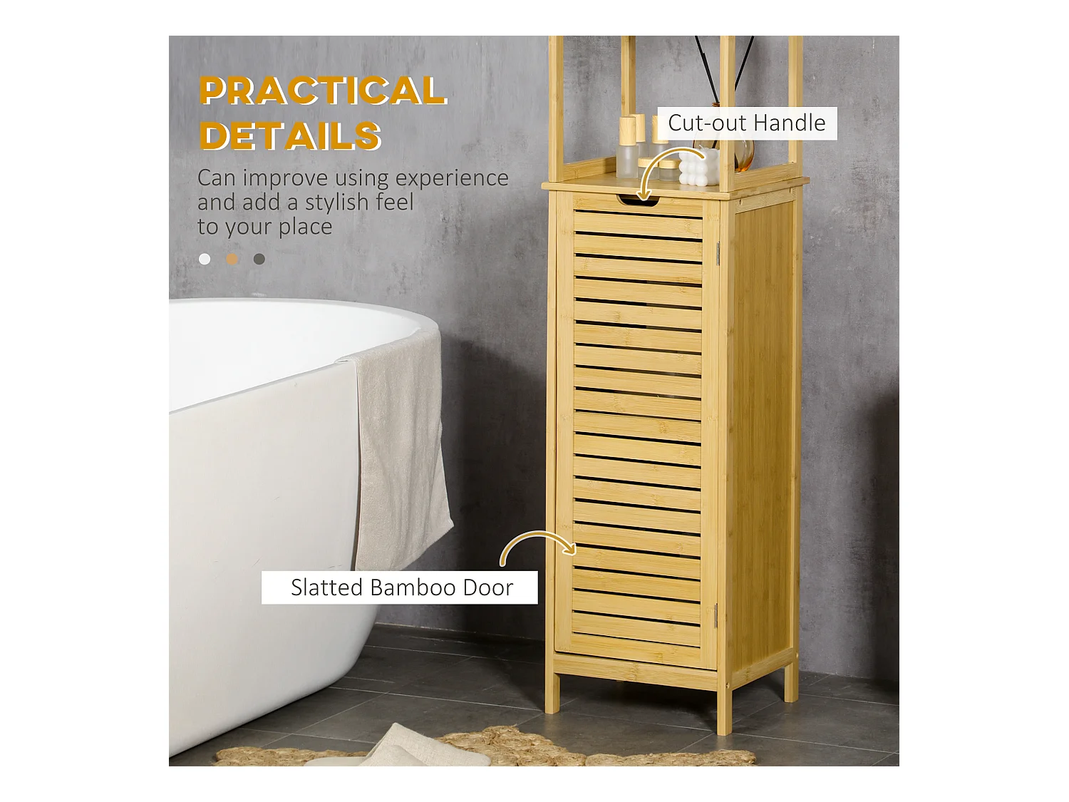 Armoire de salle de bain en bambou, 3 étagères ouvertes, 1 porte avec protection anti-basculement, naturel (34x30x173cm)