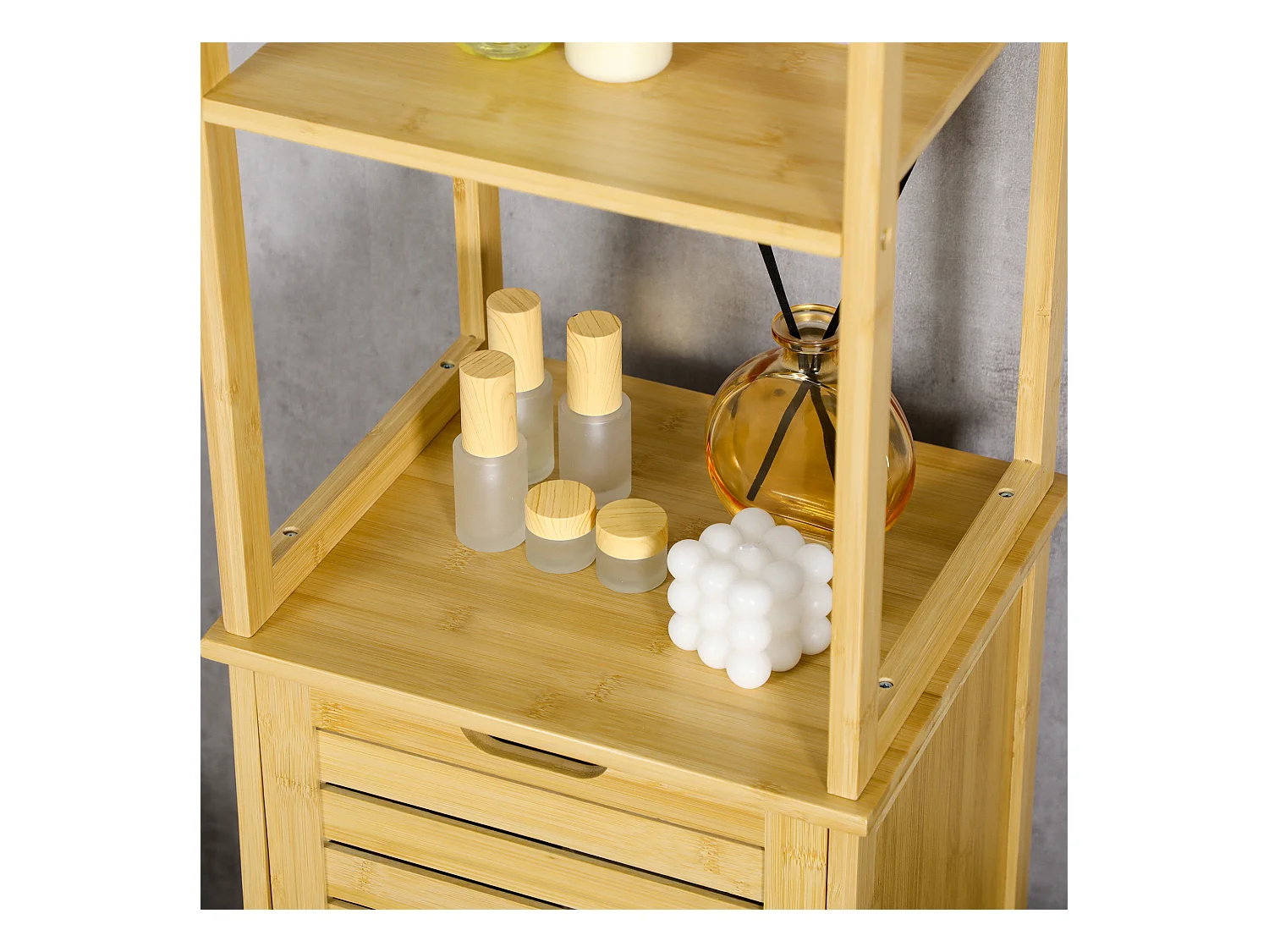 Armoire de salle de bain en bambou, 3 étagères ouvertes, 1 porte avec protection anti-basculement, naturel (34x30x173cm)