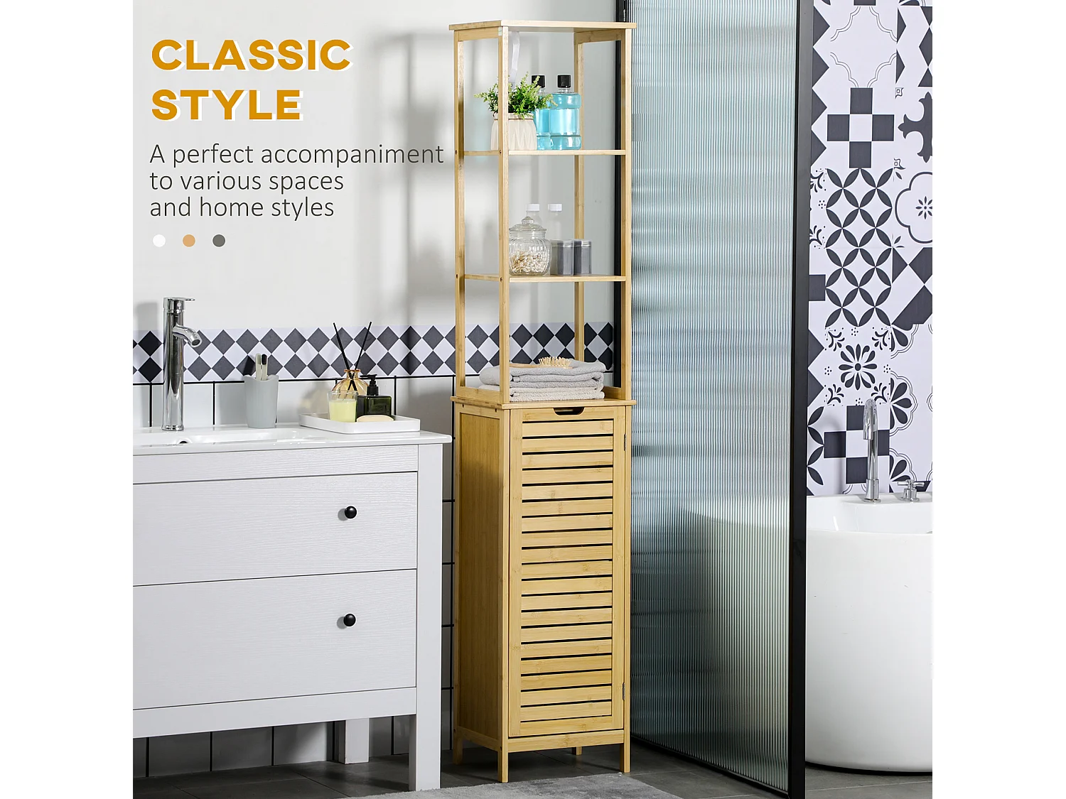 Mueble de baño de bambú, 3 estantes abiertos, 1 puerta con protección antivuelco, color natural (34 x 30 x 173 cm)