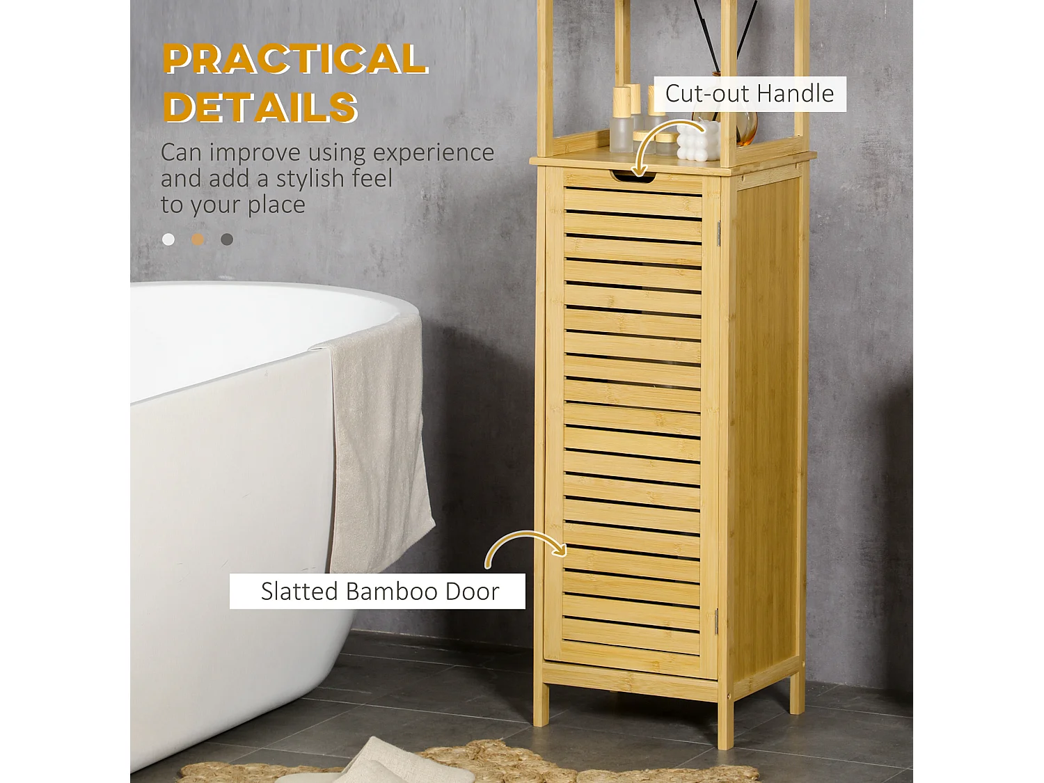 Mueble de baño de bambú, 3 estantes abiertos, 1 puerta con protección antivuelco, color natural (34 x 30 x 173 cm)