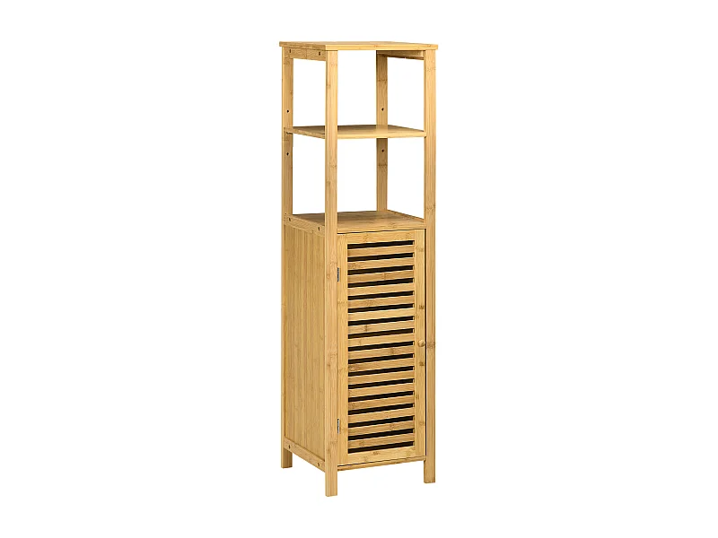 Verstellbarer Badezimmerschrank, 2 offene Regale, Lamellentür, natürlicher Bambus (32,9 x 29,9 x 120 cm)