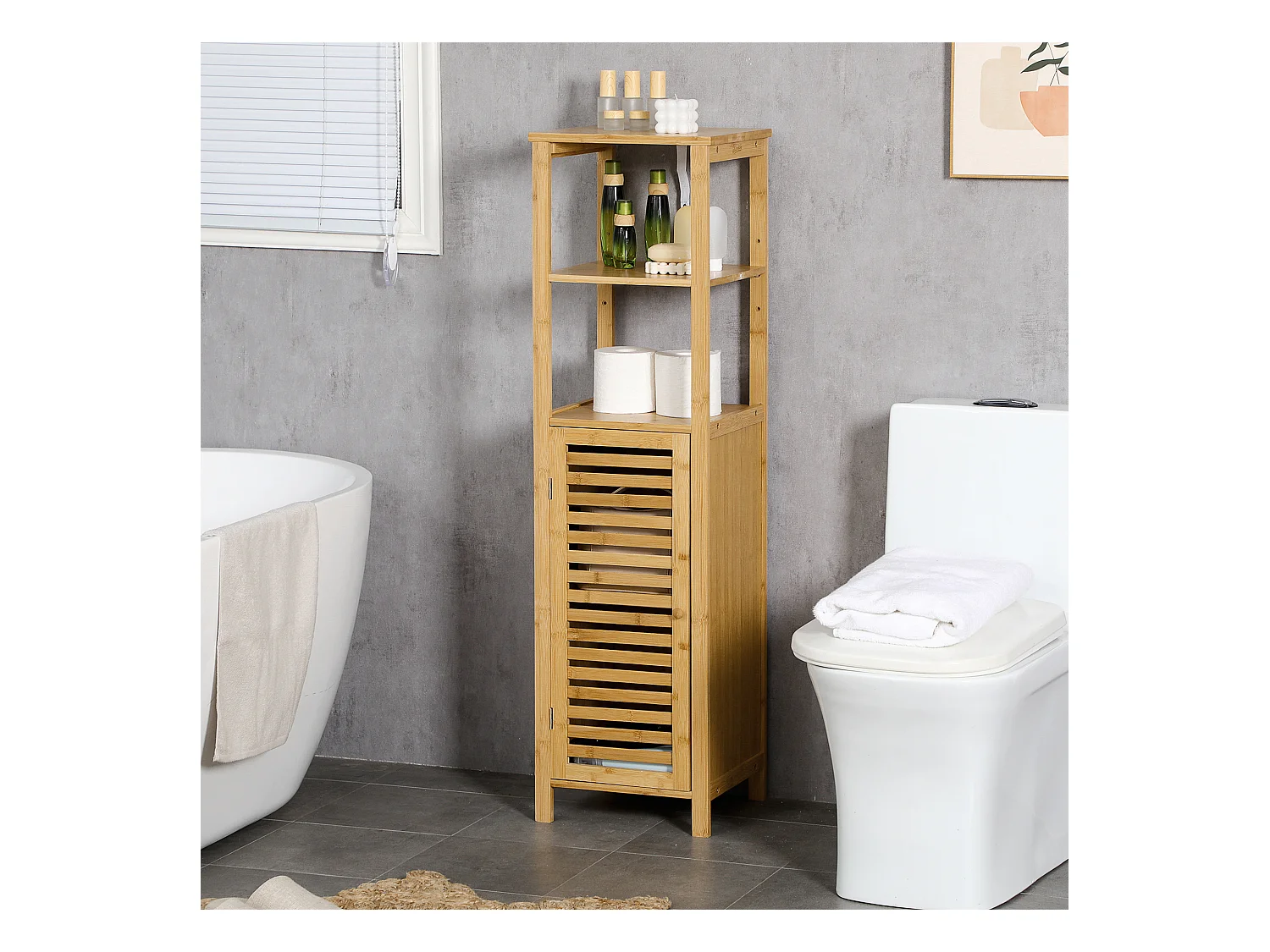 Meuble de salle de bain réglable, 2 étagères ouvertes, porte à lamelles, bambou naturel (32.9x29.9x120cm)