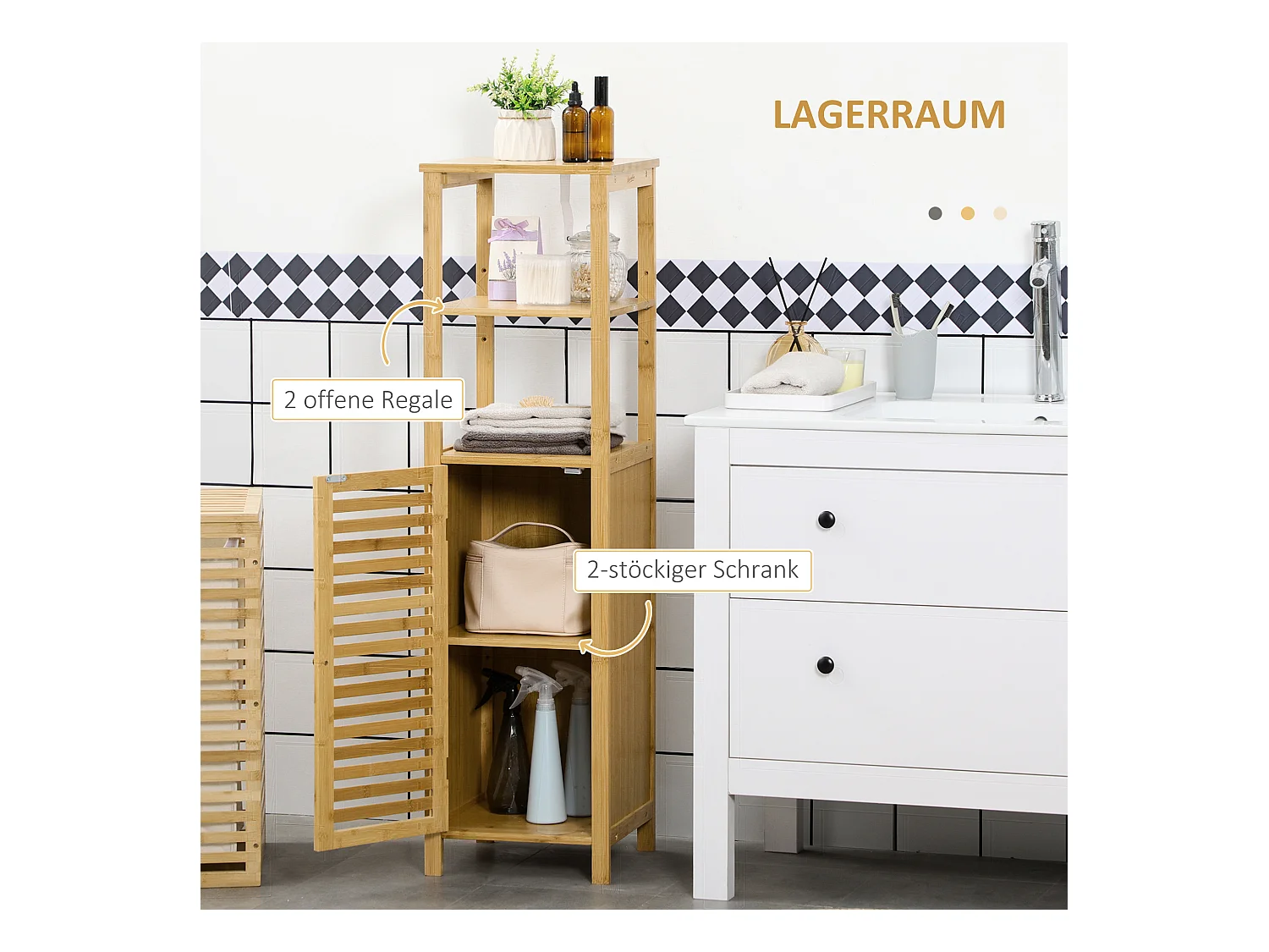 Meuble de salle de bain réglable, 2 étagères ouvertes, porte à lamelles, bambou naturel (32.9x29.9x120cm)