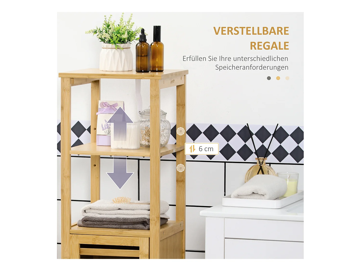 Meuble de salle de bain réglable, 2 étagères ouvertes, porte à lamelles, bambou naturel (32.9x29.9x120cm)