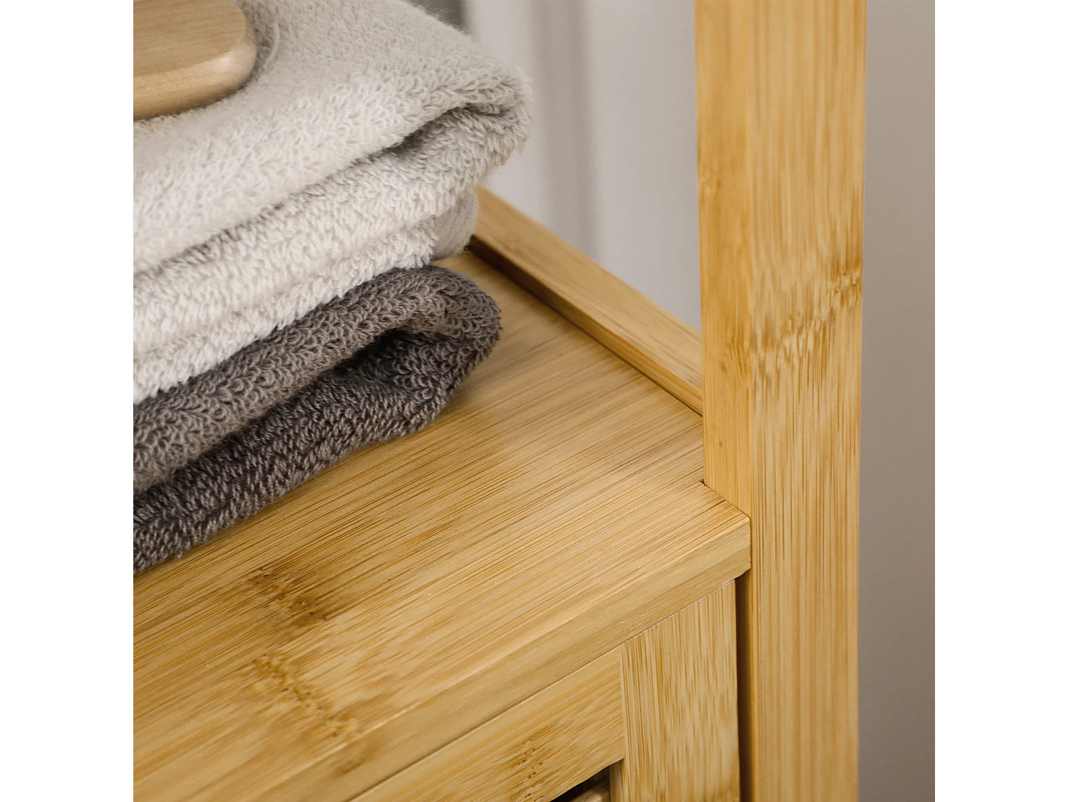 Meuble de salle de bain réglable, 2 étagères ouvertes, porte à lamelles, bambou naturel (32.9x29.9x120cm)