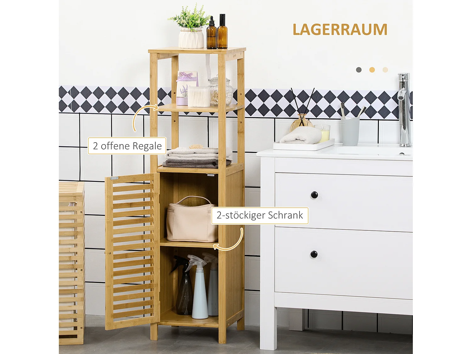 Meuble de salle de bain réglable, 2 étagères ouvertes, porte à lamelles, bambou naturel (32.9x29.9x120cm)