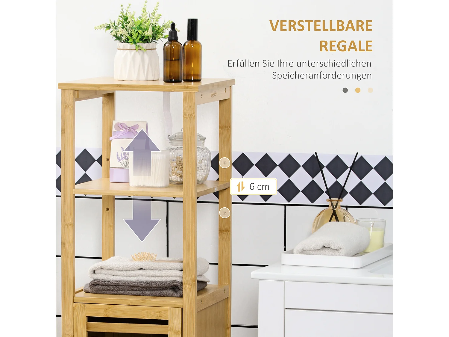 Meuble de salle de bain réglable, 2 étagères ouvertes, porte à lamelles, bambou naturel (32.9x29.9x120cm)