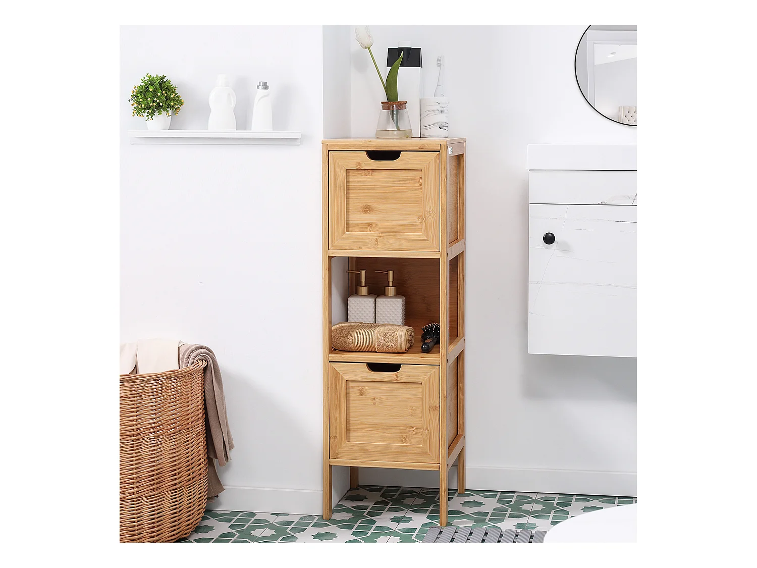 Armoire de Salle de Bain en Bambou, 2 Tiroirs, Design Campagne, Avec Système de Sécurité, Blanc, (30x30x90 cm)