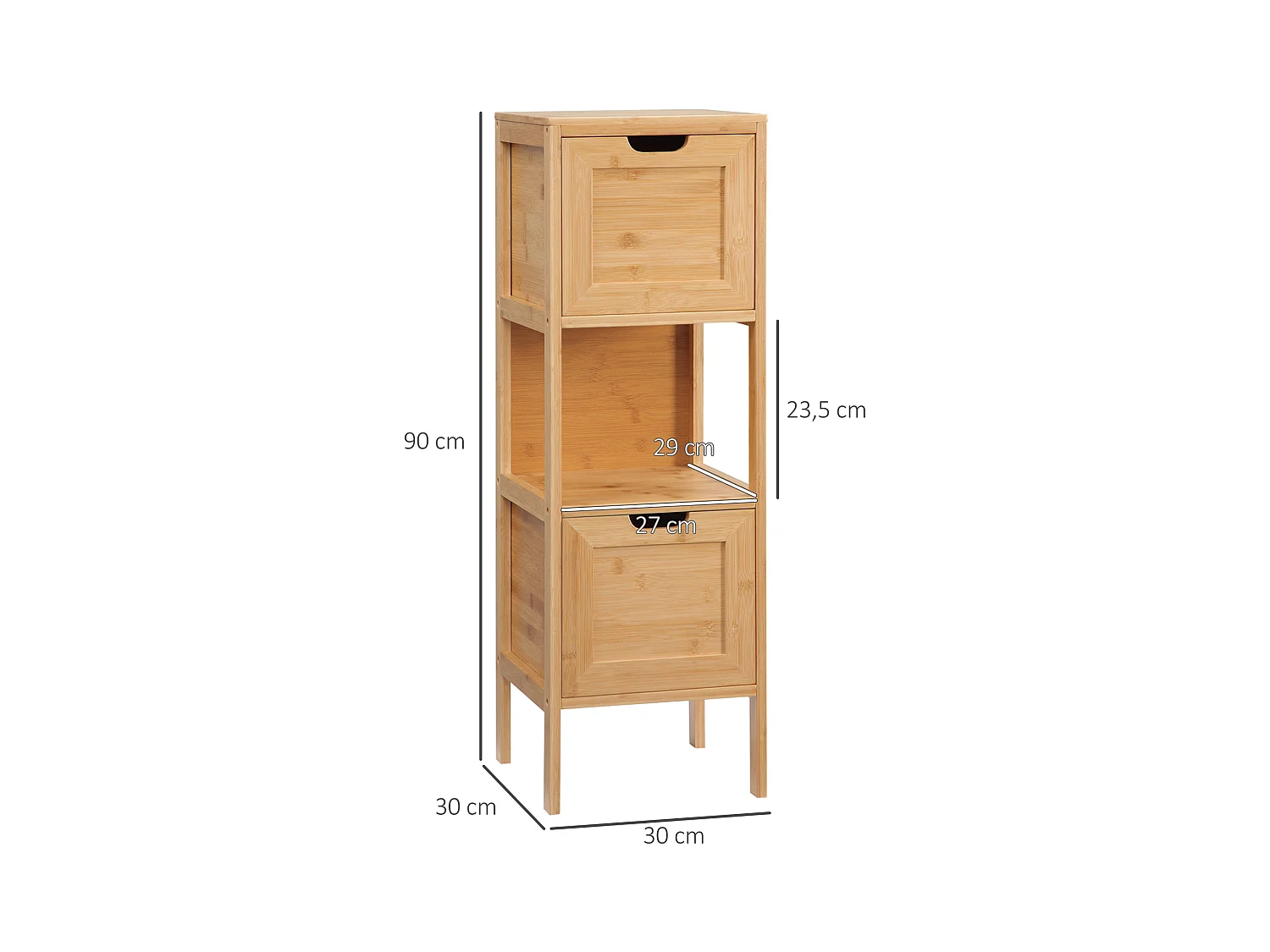 Armoire de Salle de Bain en Bambou, 2 Tiroirs, Design Campagne, Avec Système de Sécurité, Blanc, (30x30x90 cm)