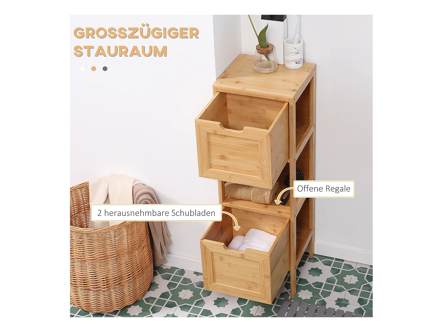 Armoire de Salle de Bain en Bambou, 2 Tiroirs, Design Campagne, Avec Système de Sécurité, Blanc, (30x30x90 cm)