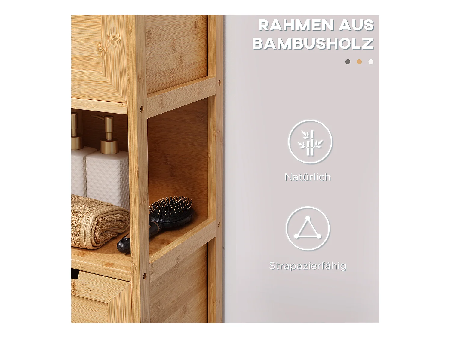 Armoire de Salle de Bain en Bambou, 2 Tiroirs, Design Campagne, Avec Système de Sécurité, Blanc, (30x30x90 cm)