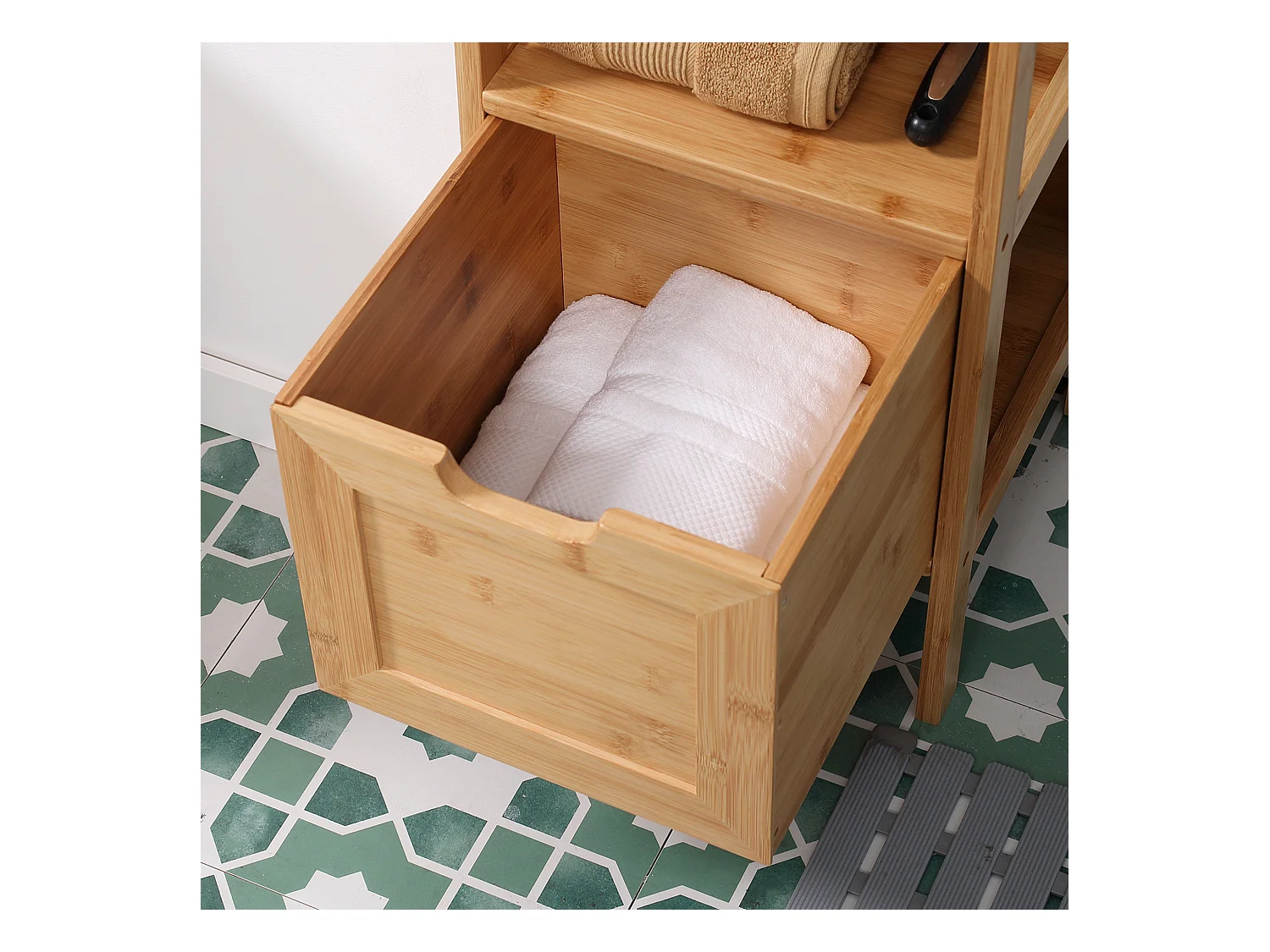 Armoire de Salle de Bain en Bambou, 2 Tiroirs, Design Campagne, Avec Système de Sécurité, Blanc, (30x30x90 cm)