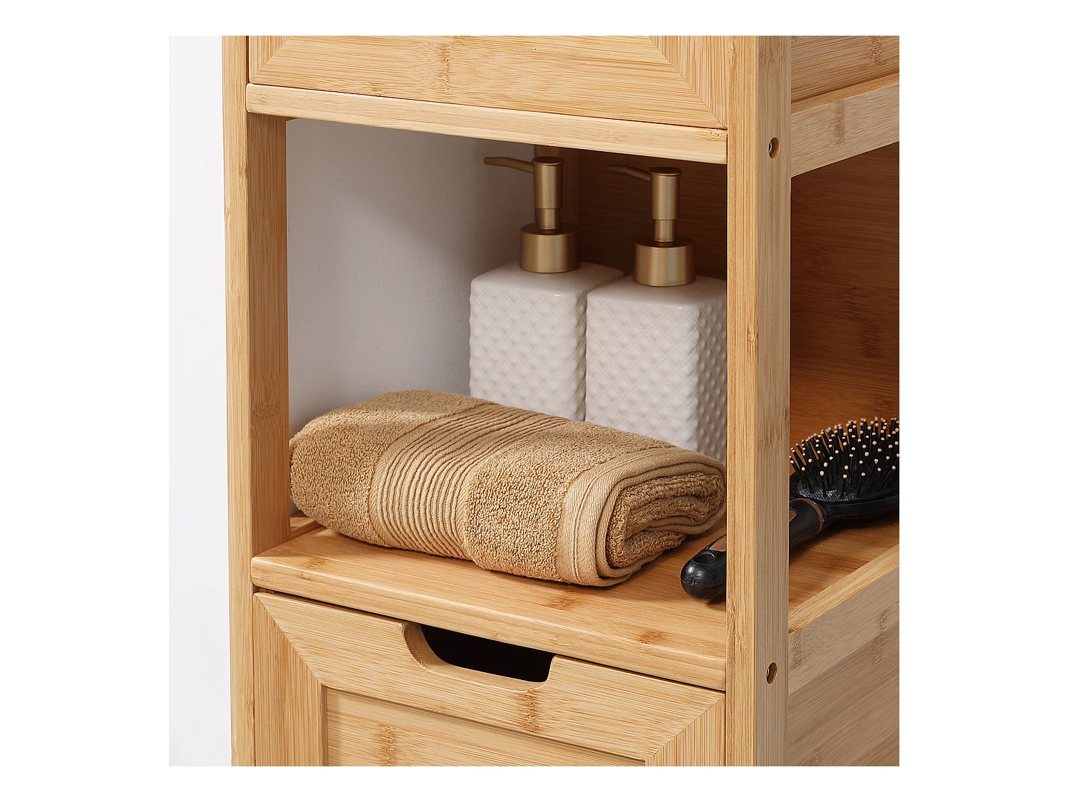 Armoire de Salle de Bain en Bambou, 2 Tiroirs, Design Campagne, Avec Système de Sécurité, Blanc, (30x30x90 cm)