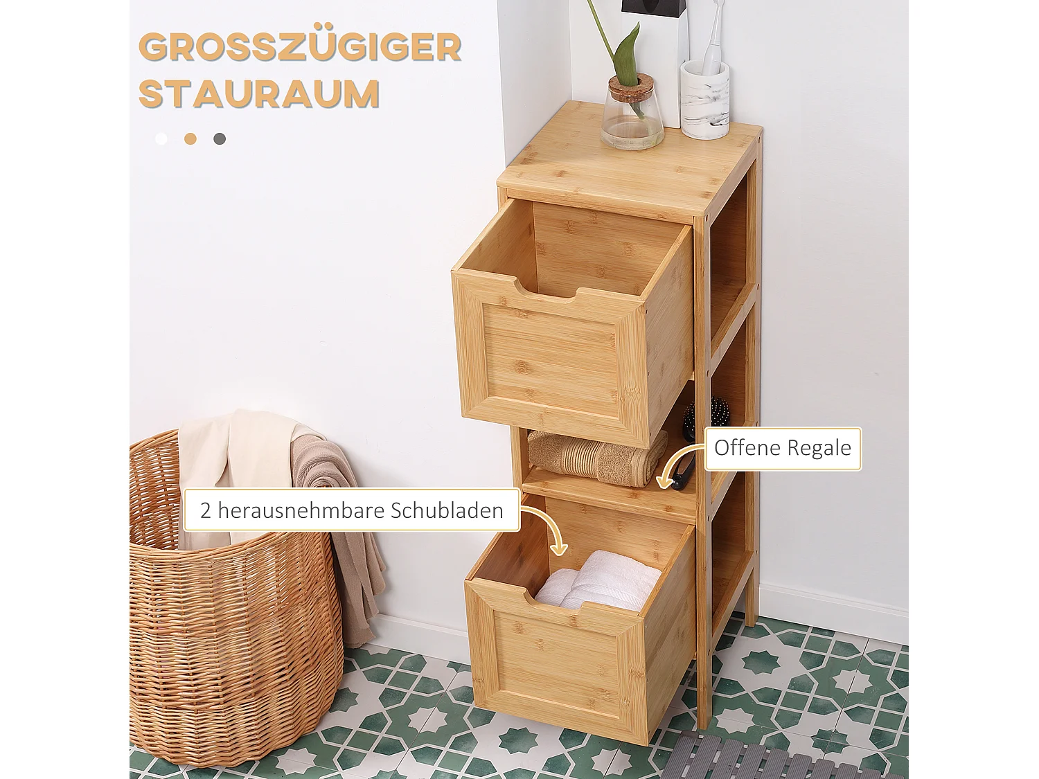 Armoire de Salle de Bain en Bambou, 2 Tiroirs, Design Campagne, Avec Système de Sécurité, Blanc, (30x30x90 cm)