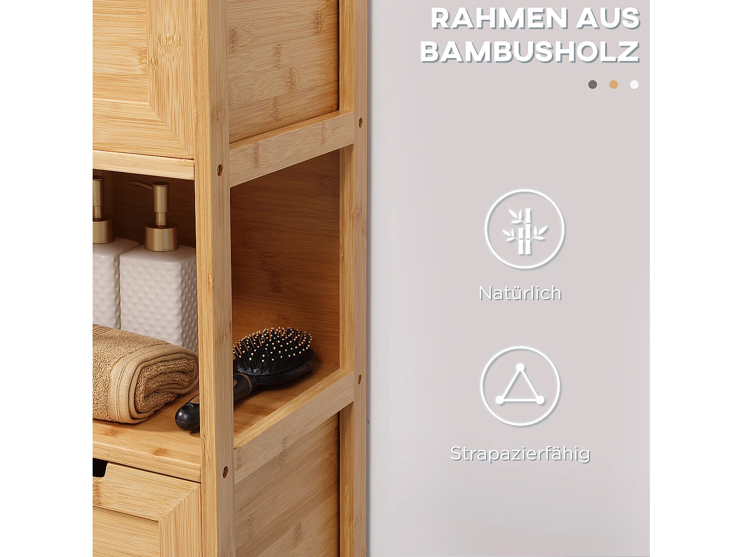 Armoire de Salle de Bain en Bambou, 2 Tiroirs, Design Campagne, Avec Système de Sécurité, Blanc, (30x30x90 cm)