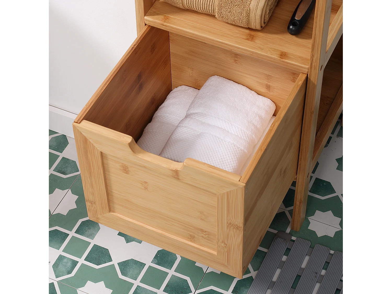 Armoire de Salle de Bain en Bambou, 2 Tiroirs, Design Campagne, Avec Système de Sécurité, Blanc, (30x30x90 cm)