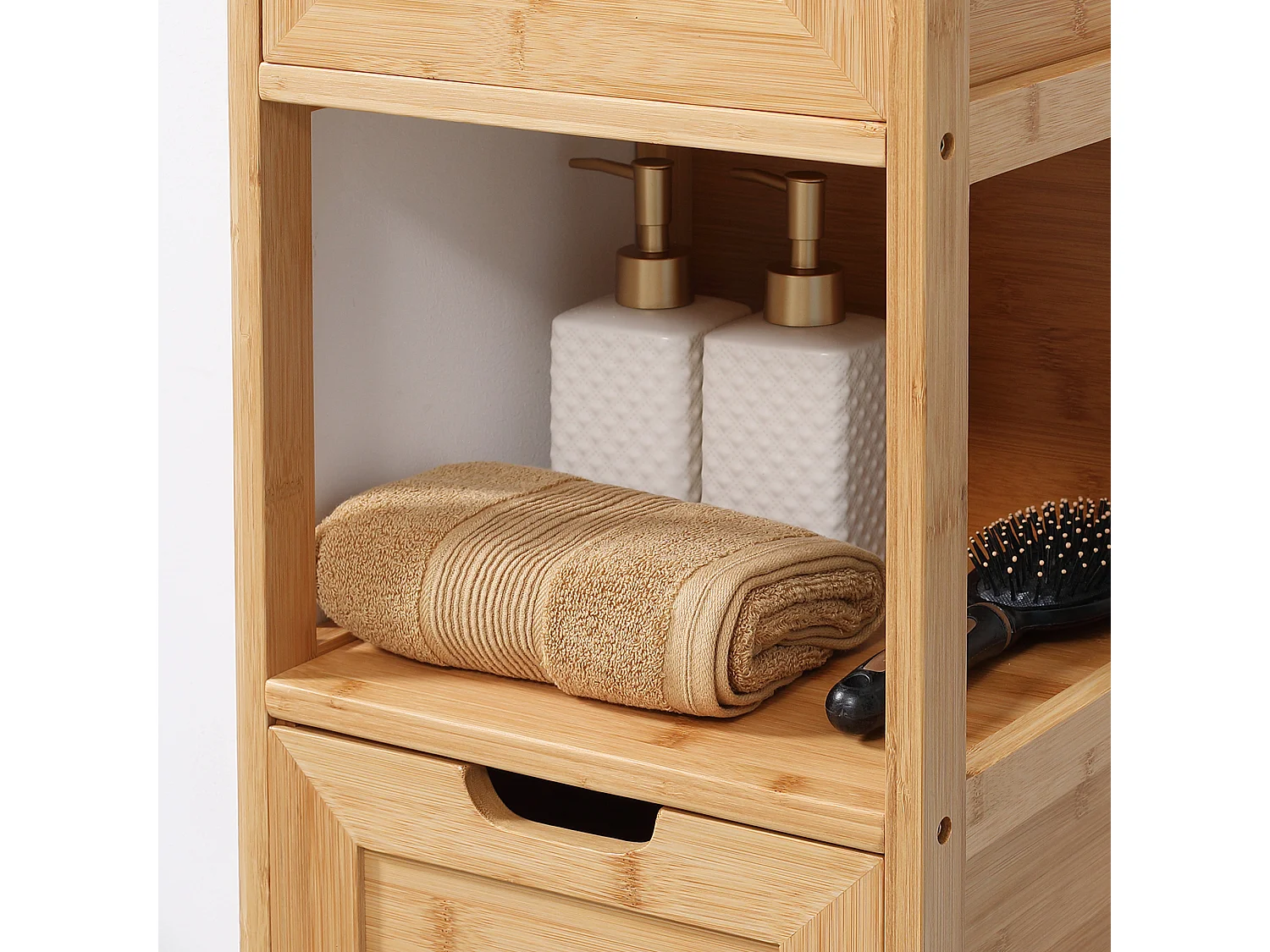 Armoire de Salle de Bain en Bambou, 2 Tiroirs, Design Campagne, Avec Système de Sécurité, Blanc, (30x30x90 cm)