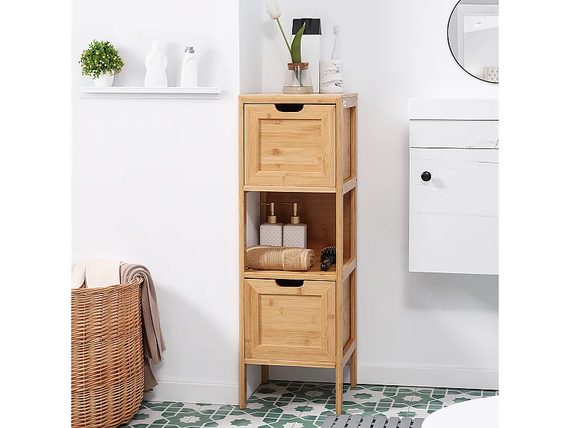 Badezimmerschrank aus Bambus, 2 Schubladen, Landhaus-Design, mit Sicherheitssystem, weiß, (30 x 30 x 90 cm)