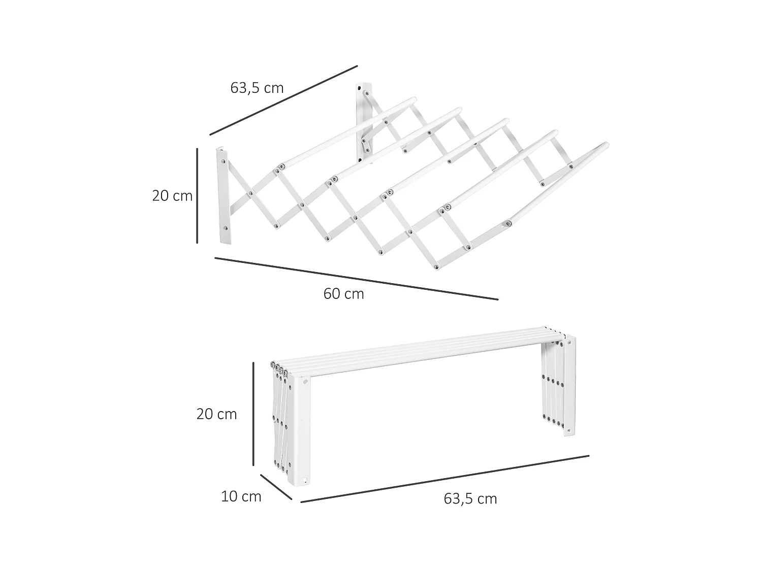 Opvouwbaar droogrek voor aan de muur, ruimtebesparend, wit metaal, robuust en resistent (63,5x60x20cm)