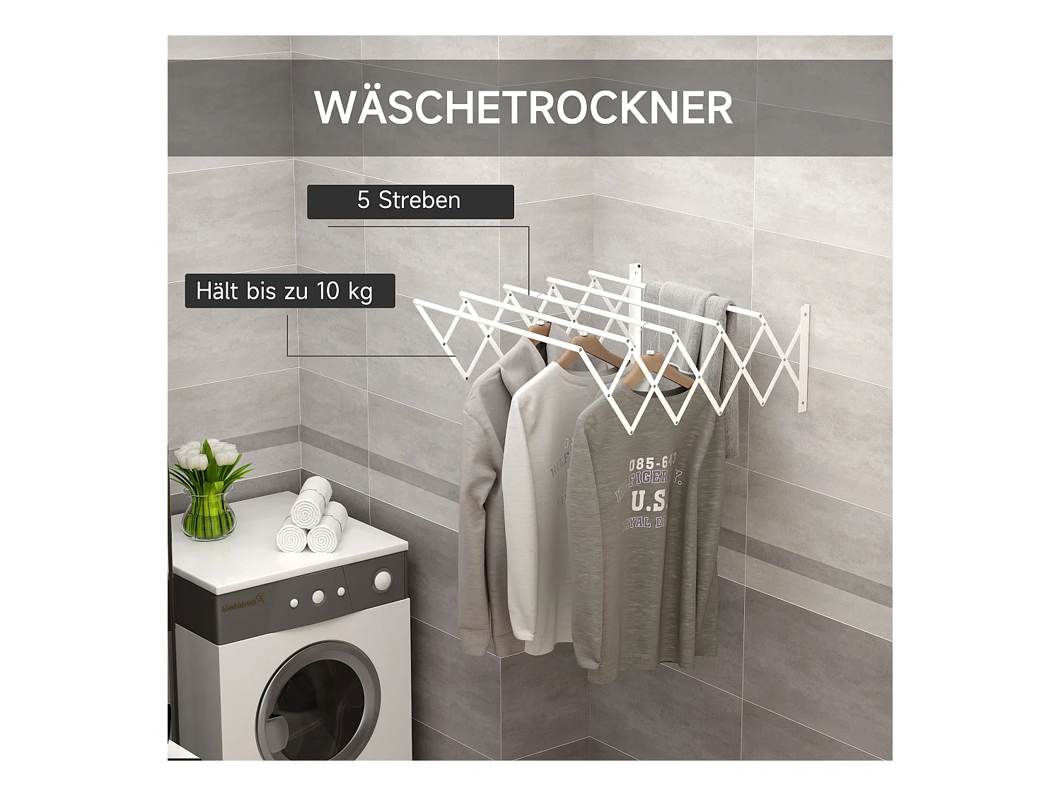 Étendoir mural pliable, gain de place, métal blanc, robuste et résistant (63.5x60x20cm)