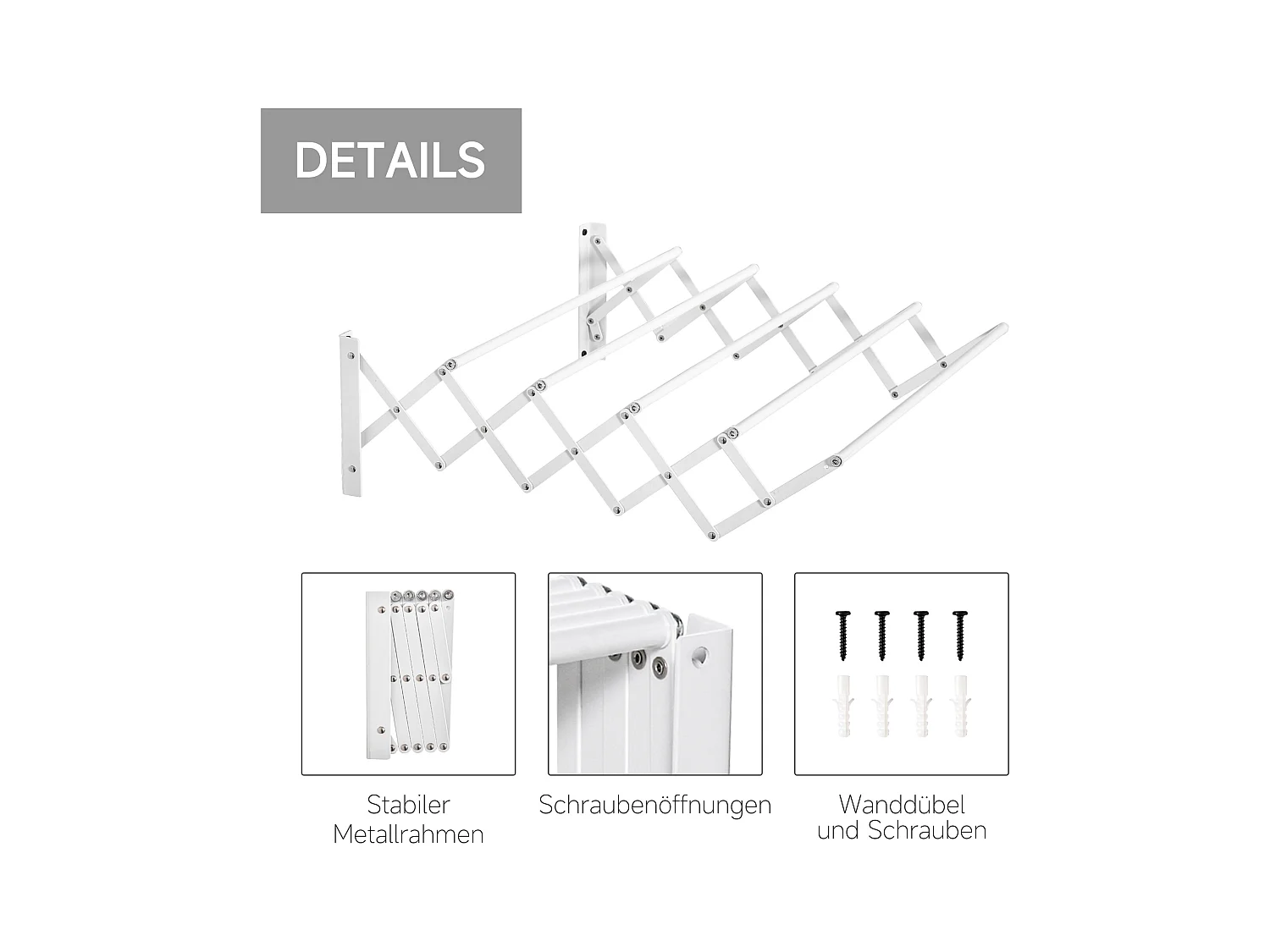 Étendoir mural pliable, gain de place, métal blanc, robuste et résistant (63.5x60x20cm)