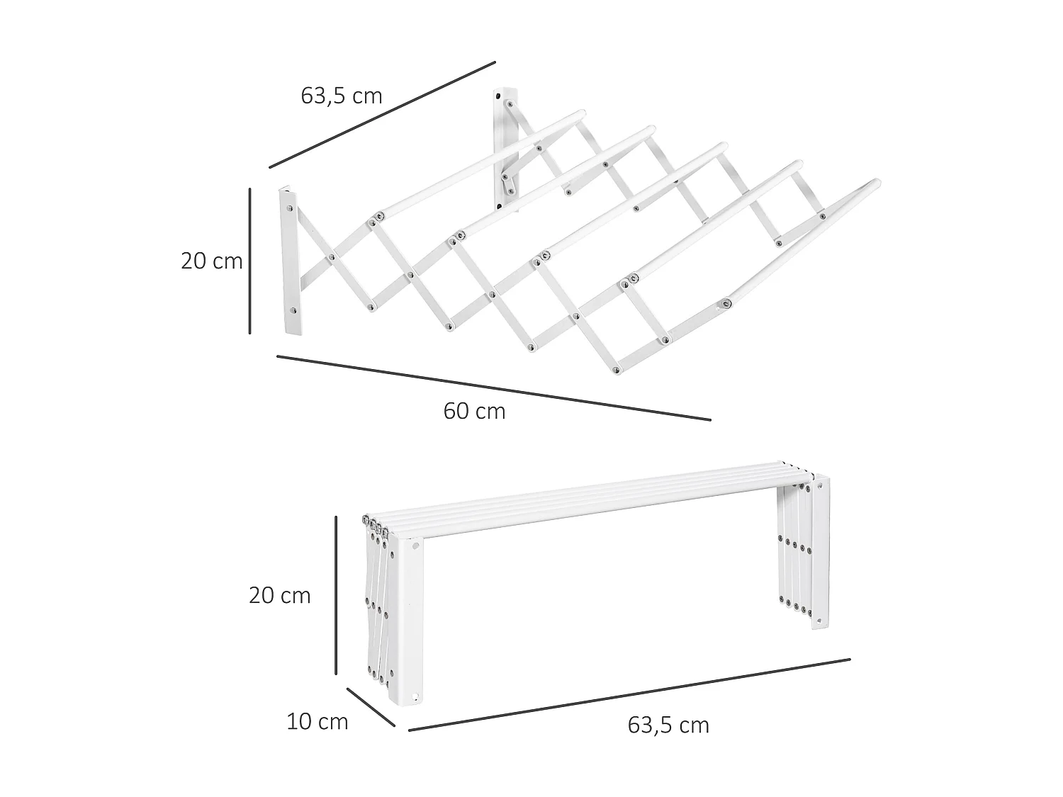 Étendoir mural pliable, gain de place, métal blanc, robuste et résistant (63.5x60x20cm)