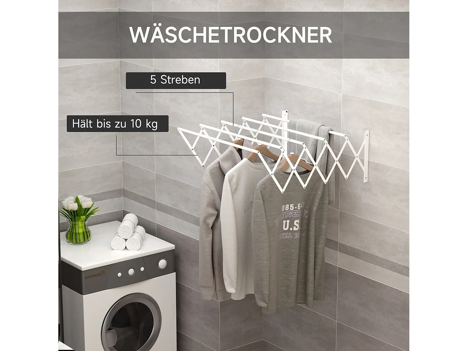 Étendoir mural pliable, gain de place, métal blanc, robuste et résistant (63.5x60x20cm)