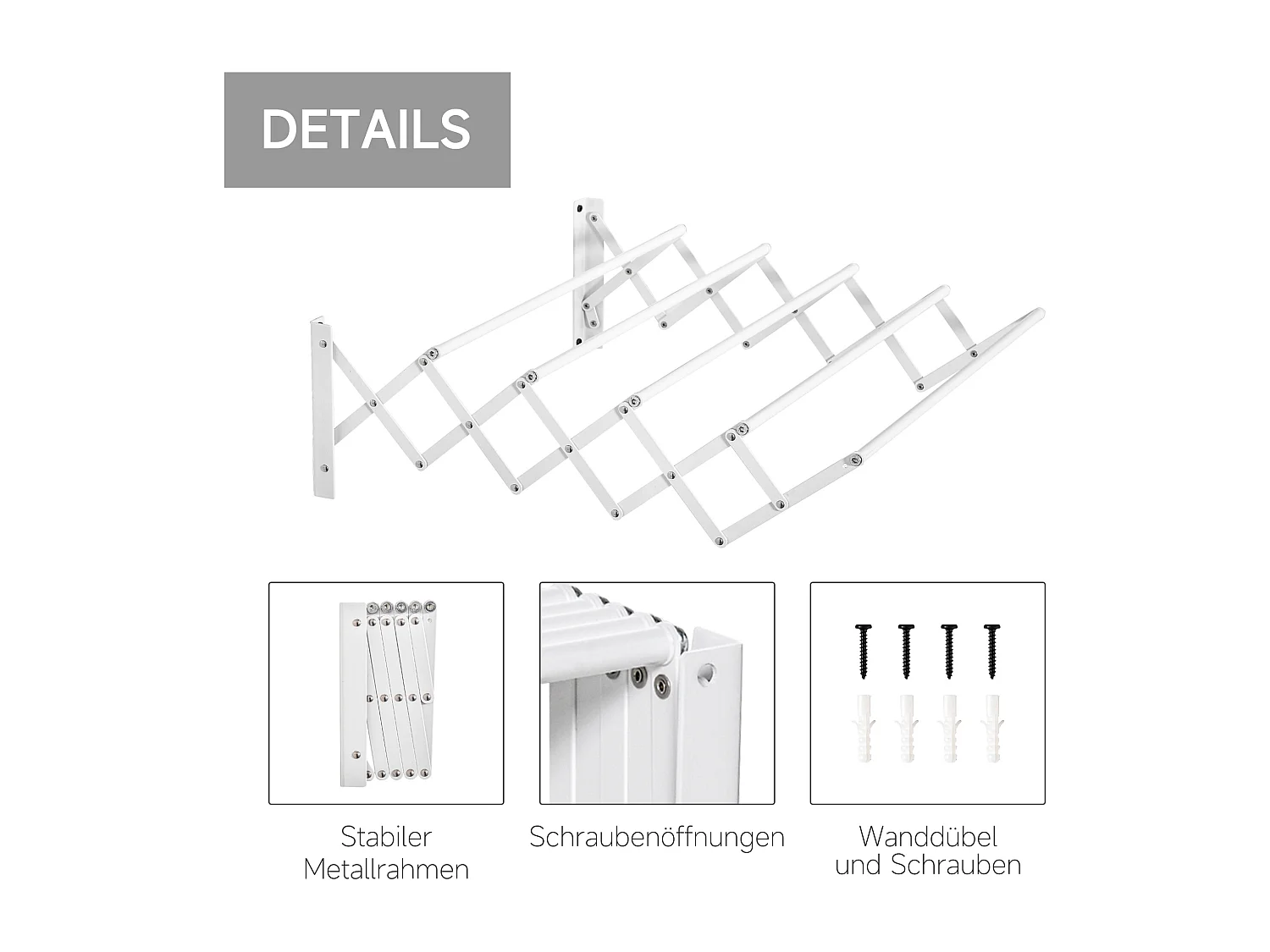 Étendoir mural pliable, gain de place, métal blanc, robuste et résistant (63.5x60x20cm)