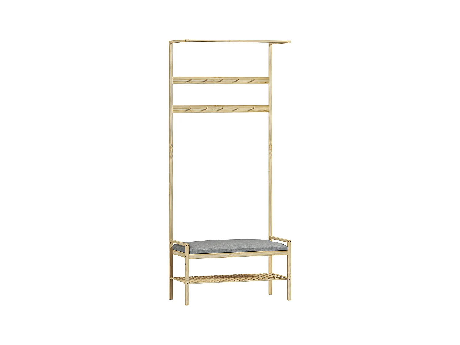 Porte-manteau avec banc pour chaussures, en bambou naturel, avec coussin et étagères (73.5x34x171 cm)