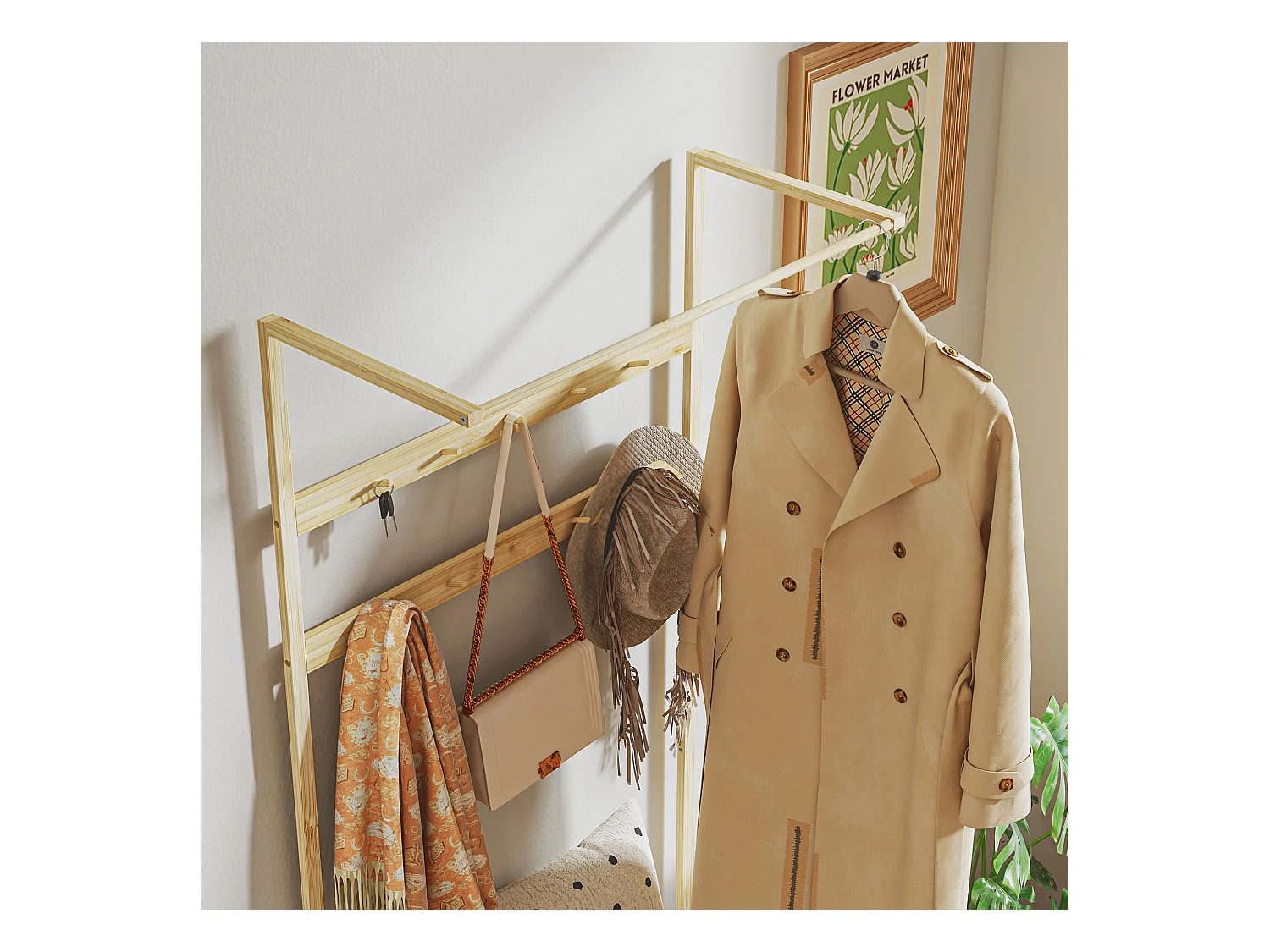 Porte-manteau avec banc pour chaussures, en bambou naturel, avec coussin et étagères (73.5x34x171 cm)