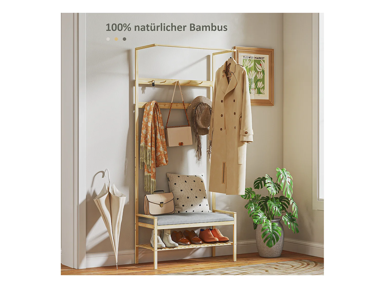 Porte-manteau avec banc pour chaussures, en bambou naturel, avec coussin et étagères (73.5x34x171 cm)