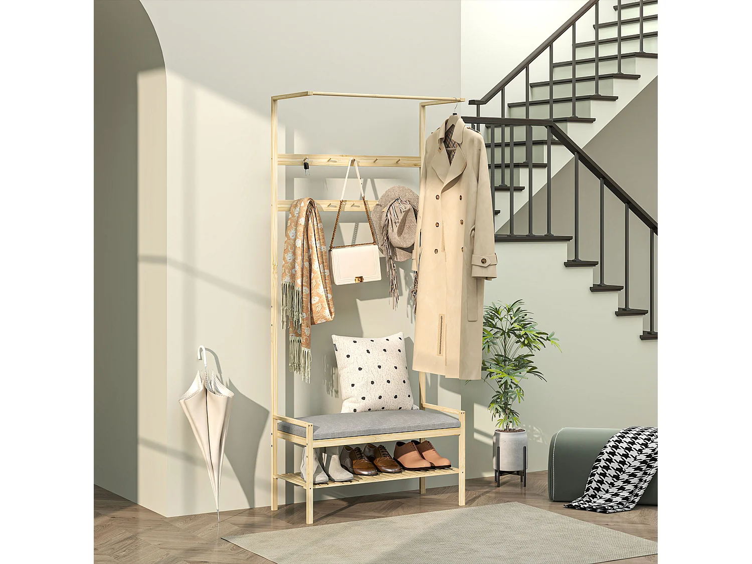 Porte-manteau avec banc pour chaussures, en bambou naturel, avec coussin et étagères (73.5x34x171 cm)