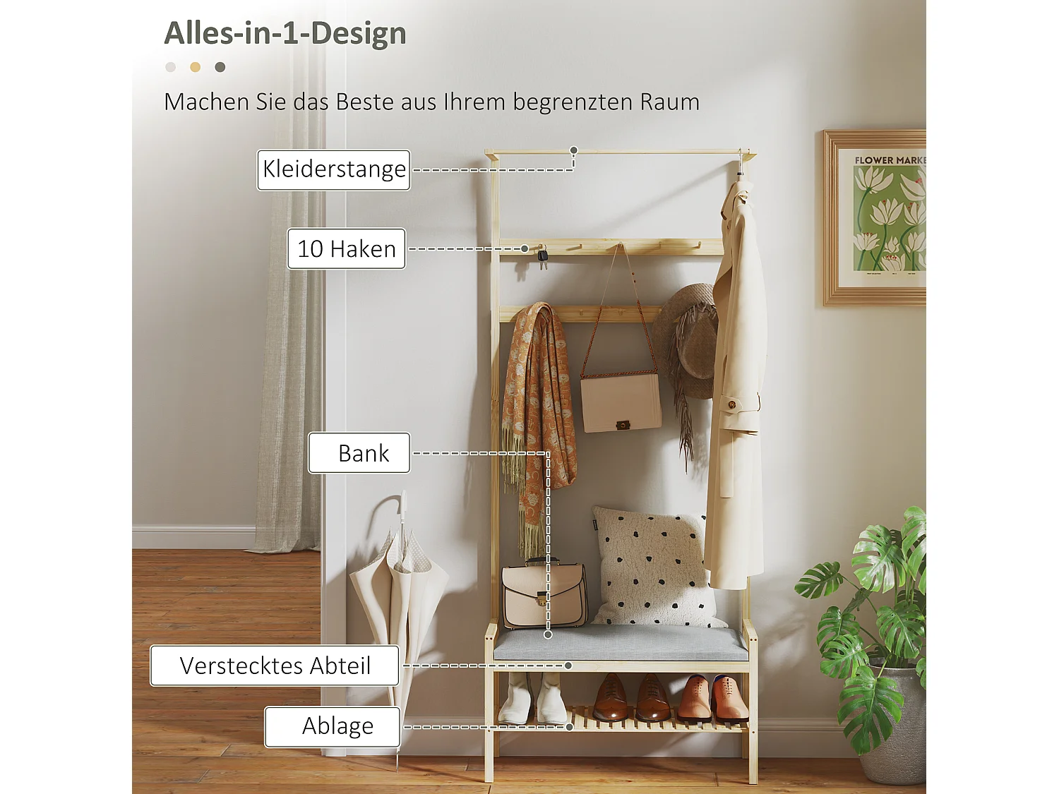 Porte-manteau avec banc pour chaussures, en bambou naturel, avec coussin et étagères (73.5x34x171 cm)