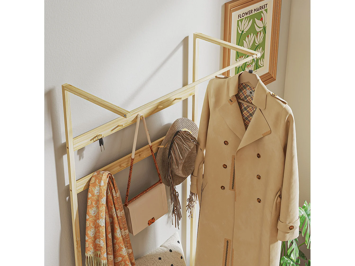 Porte-manteau avec banc pour chaussures, en bambou naturel, avec coussin et étagères (73.5x34x171 cm)