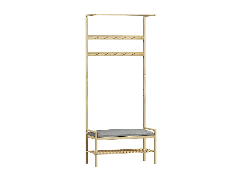 Porte-manteau avec banc pour chaussures, en bambou naturel, avec coussin et étagères (73.5x34x171 cm)