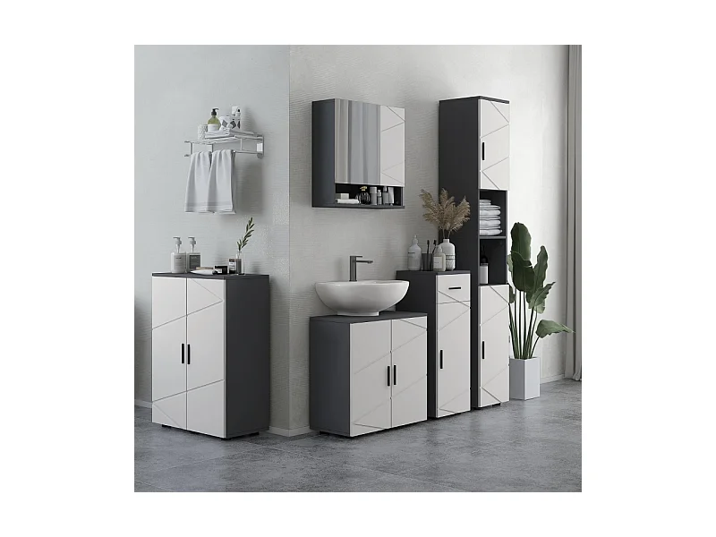 Armoire de salle de bain à double porte, étagères réglables, bois mélaminé, gris clair et foncé, pratique et spacieux (60x30x82cm)