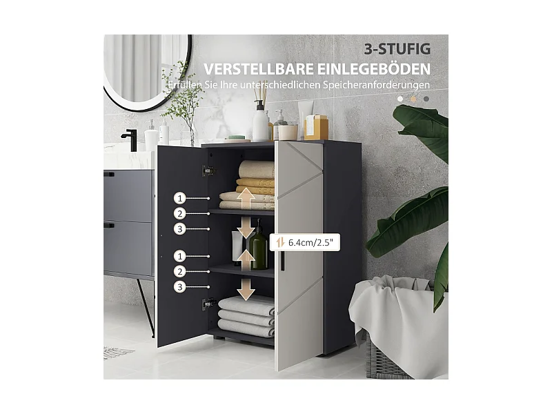 Armoire de salle de bain à double porte, étagères réglables, bois mélaminé, gris clair et foncé, pratique et spacieux (60x30x82cm)