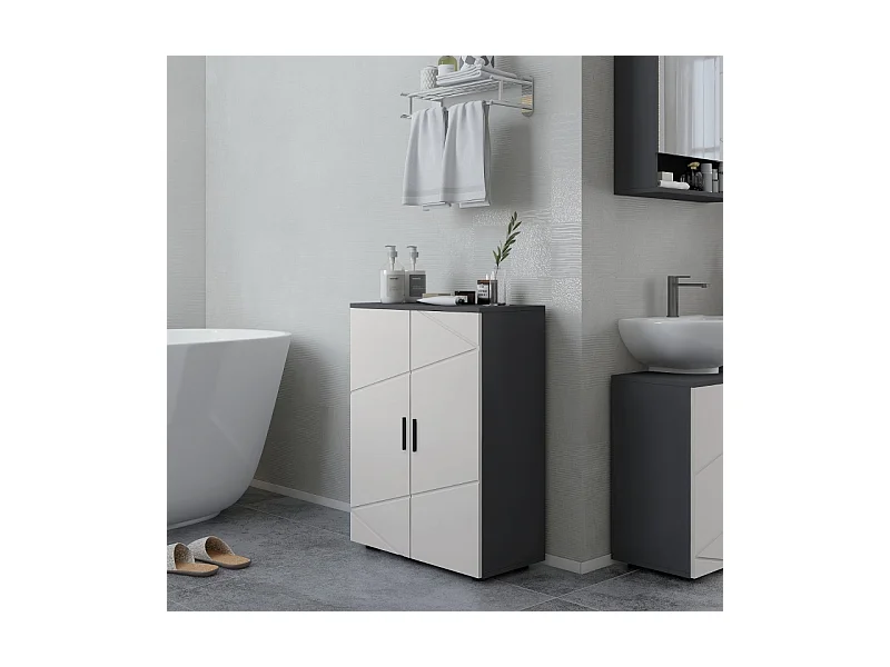 Armoire de salle de bain à double porte, étagères réglables, bois mélaminé, gris clair et foncé, pratique et spacieux (60x30x82cm)