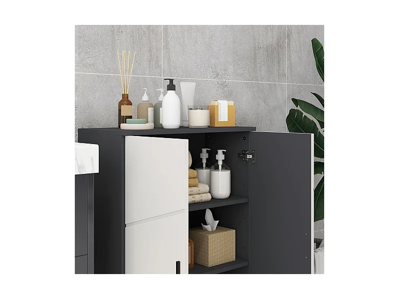 Armoire de salle de bain à double porte, étagères réglables, bois mélaminé, gris clair et foncé, pratique et spacieux (60x30x82cm)