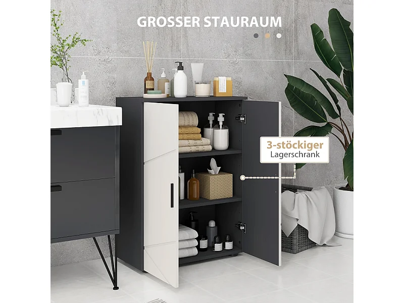 Armoire de salle de bain à double porte, étagères réglables, bois mélaminé, gris clair et foncé, pratique et spacieux (60x30x82cm)