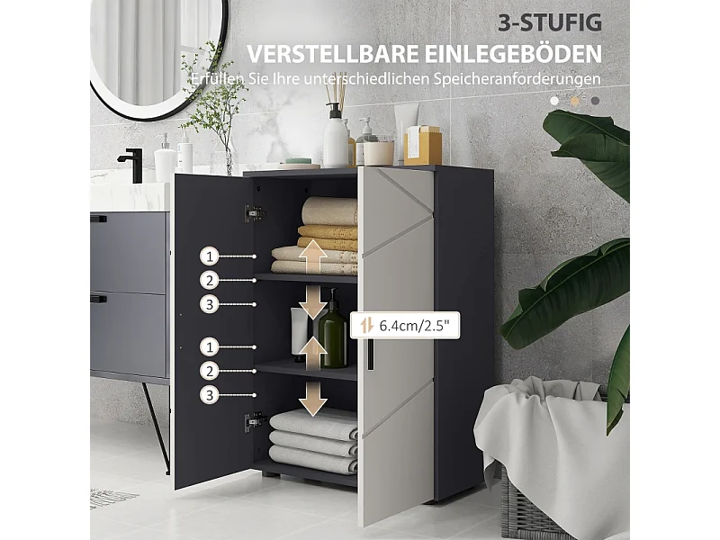 Armoire de salle de bain à double porte, étagères réglables, bois mélaminé, gris clair et foncé, pratique et spacieux (60x30x82cm)