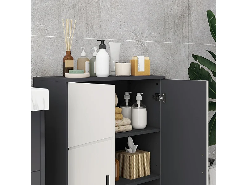 Armoire de salle de bain à double porte, étagères réglables, bois mélaminé, gris clair et foncé, pratique et spacieux (60x30x82cm)