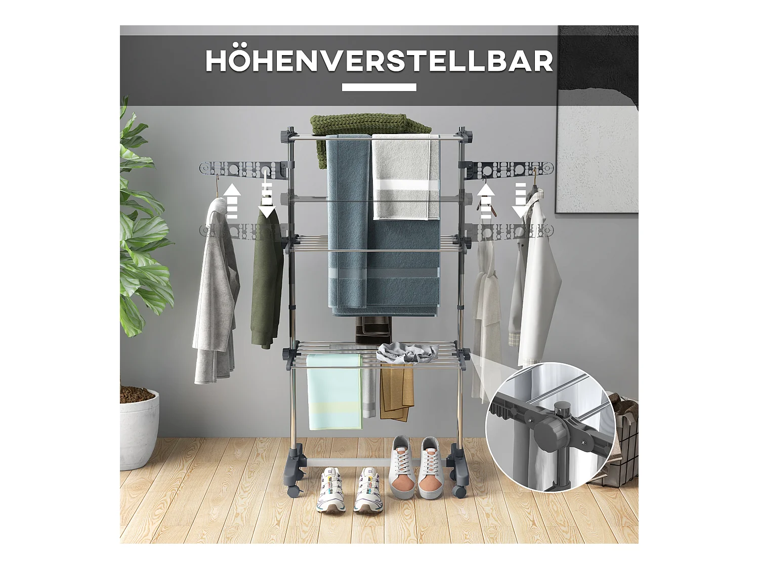 Porte-linge tour, avec 3 étagères, en acier, gris (142x55x152 cm)